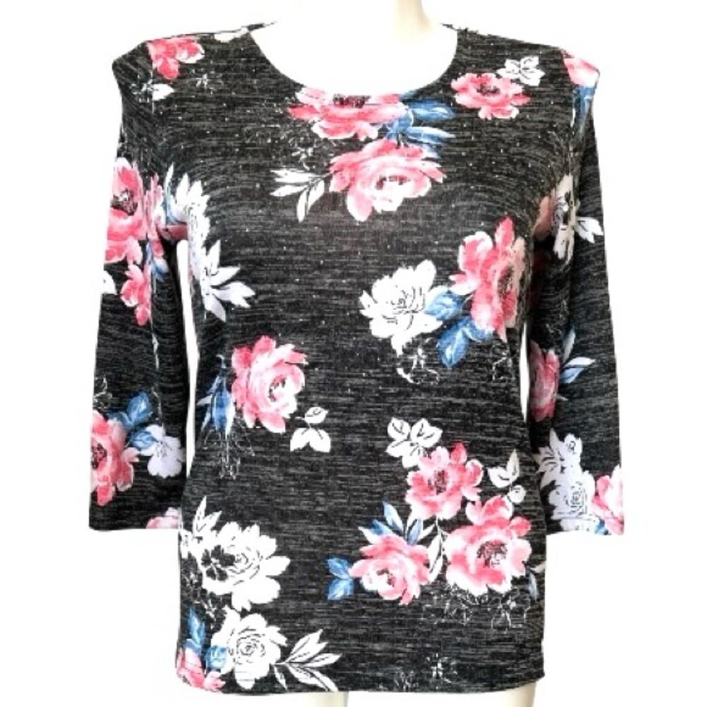 Croft & Barrow 3/4 Sleeve Top - Pink and Blue Studded Floral Sz.M